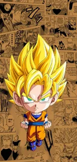 Super Saiyan anime character on manga background.