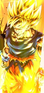 Anime character in Super Saiyan form glowing with vibrant yellow energy.