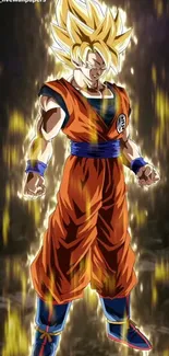 Super Saiyan anime character with golden aura in dynamic stance wallpaper.