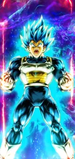 Super Saiyan character with blue aura in anime wallpaper.