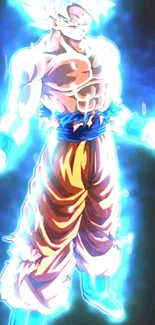 Anime character with blue aura in powerful transformation pose.