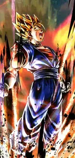 Anime character in Super Saiyan form with vibrant, fiery background.