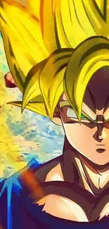 Super Saiyan character with bright yellow hair and vibrant background.