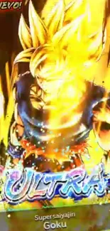 Super Saiyan Goku with glowing golden aura in vibrant anime style.