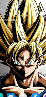 Super Saiyan anime character with golden hair on mobile wallpaper.