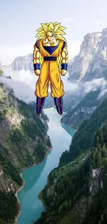 Super Saiyan floating over scenic mountain landscape.