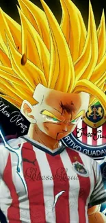 Super Saiyan character with yellow hair and sports jersey.