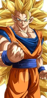 Super Saiyan warrior with orange outfit and yellow hair in anime style.