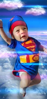 Superbaby floating in a vibrant, cloud-filled sky wearing a superhero costume.