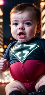 Baby in superhero costume at night with city lights backdrop.