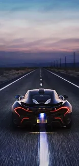 Sleek supercar driving on a scenic highway at sunset.