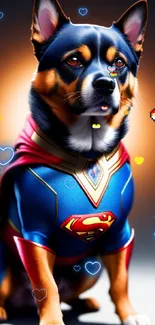 Heroic dog in a superhero costume with a cape on a vibrant wallpaper.