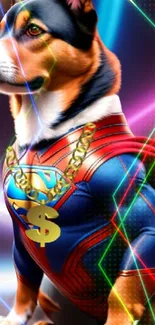 Superhero dog in colorful costume with neon lights.