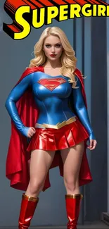 Supergirl in heroic pose with a vibrant red cape and blue outfit.