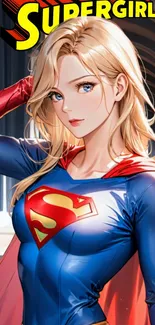 Anime-style Supergirl in blue costume with red cape, striking a pose.