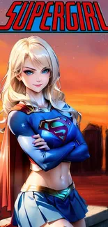 Anime-style Supergirl wallpaper with a vibrant orange sky.