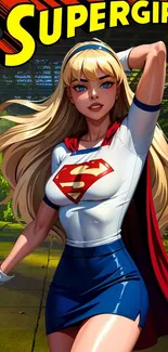 Supergirl depicted in iconic comic style with vibrant colors and bold design.