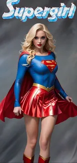 Supergirl with red cape in iconic superhero pose.