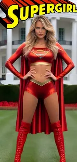 Supergirl in a vibrant red costume with a bold backdrop.