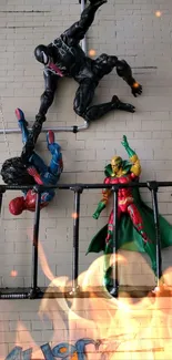 Superhero action figures on a graffiti wall, showcasing dramatic poses.