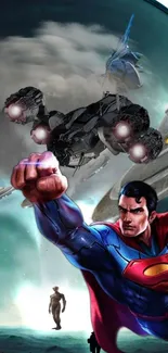 Superhero flies through a dynamic sci-fi scene.