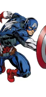 Superhero with shield in dynamic action pose, red and blue suit