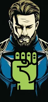 Stylized superhero with green fist on black and blue background.