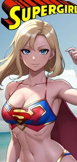 Anime Supergirl in a beach setting with vibrant colors and superhero attire.