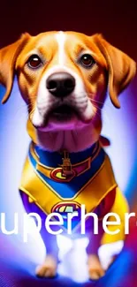 Beagle in superhero costume with vibrant colors.