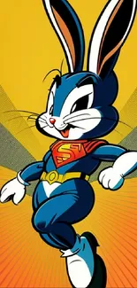 Cartoon bunny in superhero costume with a vibrant yellow background.