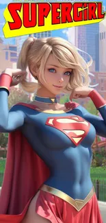 Supergirl cartoon character in city background wallpaper.