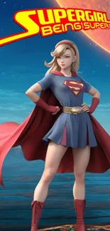 Supergirl cartoon wallpaper with blue backdrop.