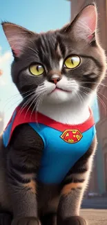 Cute superhero cat in city street with colorful background.