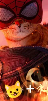 A cat wearing a Spider-Man mask in fiery tones.