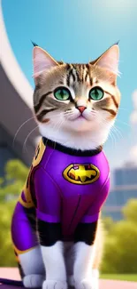 Adorable superhero cat in a purple suit with green eyes against a blurred background.