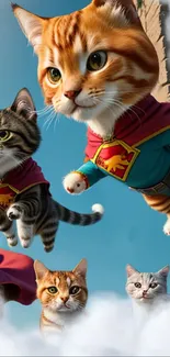 Superhero cats soaring through the sky in colorful costumes.