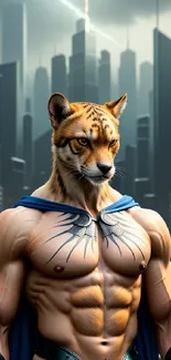 Muscular cheetah superhero in futuristic cityscape with cloudy sky.