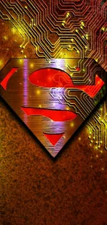 Superhero emblem with circuit background and red glow.