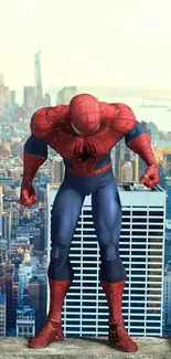 Superhero standing over cityscape background.