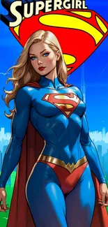 Supergirl stands confidently in a cityscape, dressed in a vibrant superhero costume.