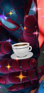 Superhero-themed phone wallpaper with vibrant colors and a coffee cup.