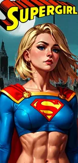 Supergirl in vibrant comic style with cityscape background.