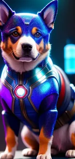 Adorable corgi in superhero armor with glowing blue accents.