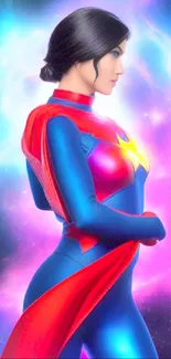 Vibrant superhero in space-themed mobile wallpaper with blue and red colors.