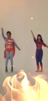 Superhero theme wallpaper with dance pose and flames.