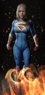 Superhero in blue suit with sparks on a dark background digital art.