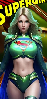 Supergirl in green and blue costume digital art wallpaper for mobile phones.