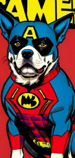 Cartoon dog in superhero attire on a red comic-styled background.