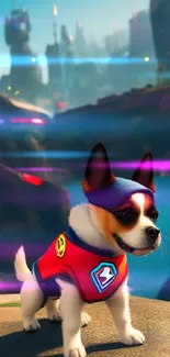 A superhero dog in a colorful futuristic city background.