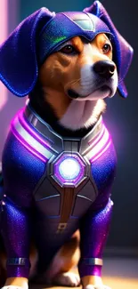 Superhero dog in purple futuristic suit.